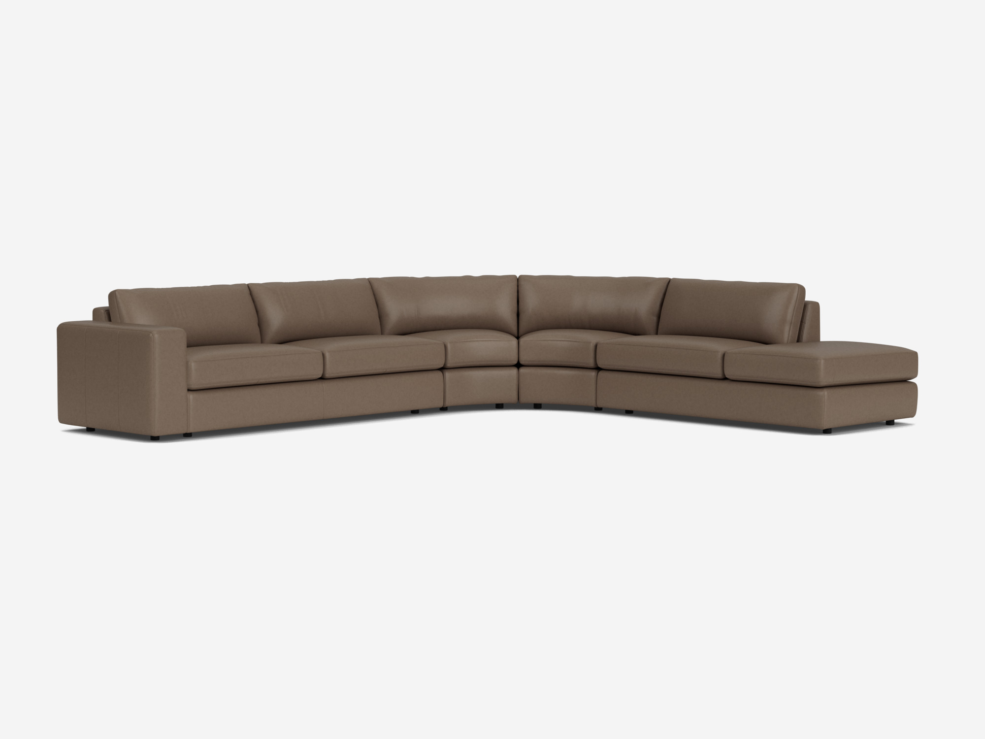 Front angle view of brown curved leather sectional sofa with right hand chaise